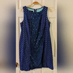 Nine West Women's Size 12 Blue Eyelet Over Light Blue Green Mid Dress Sleeveless